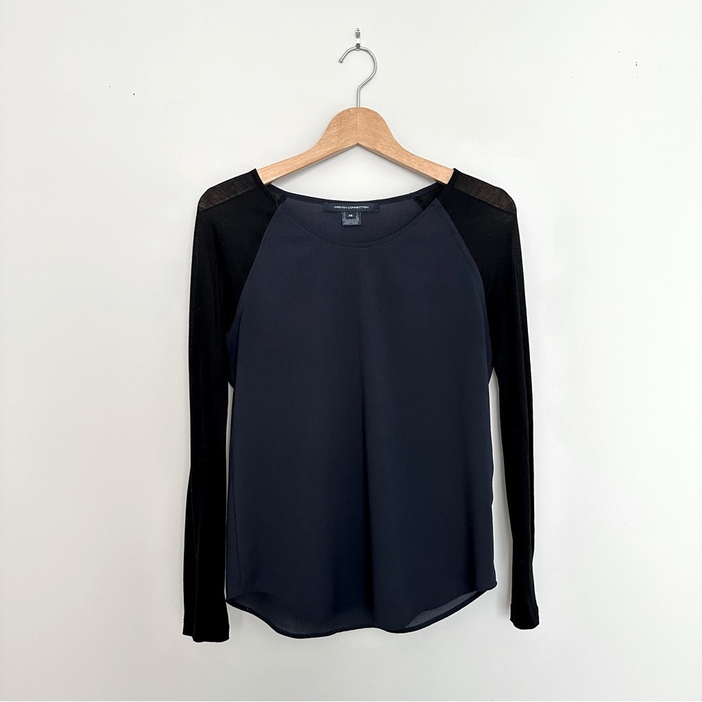 French Connection Navy Blue and Black Mixed Media Blouse